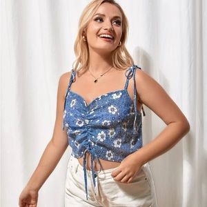 Blue and White Floral Print Ruched Front Top NWOT